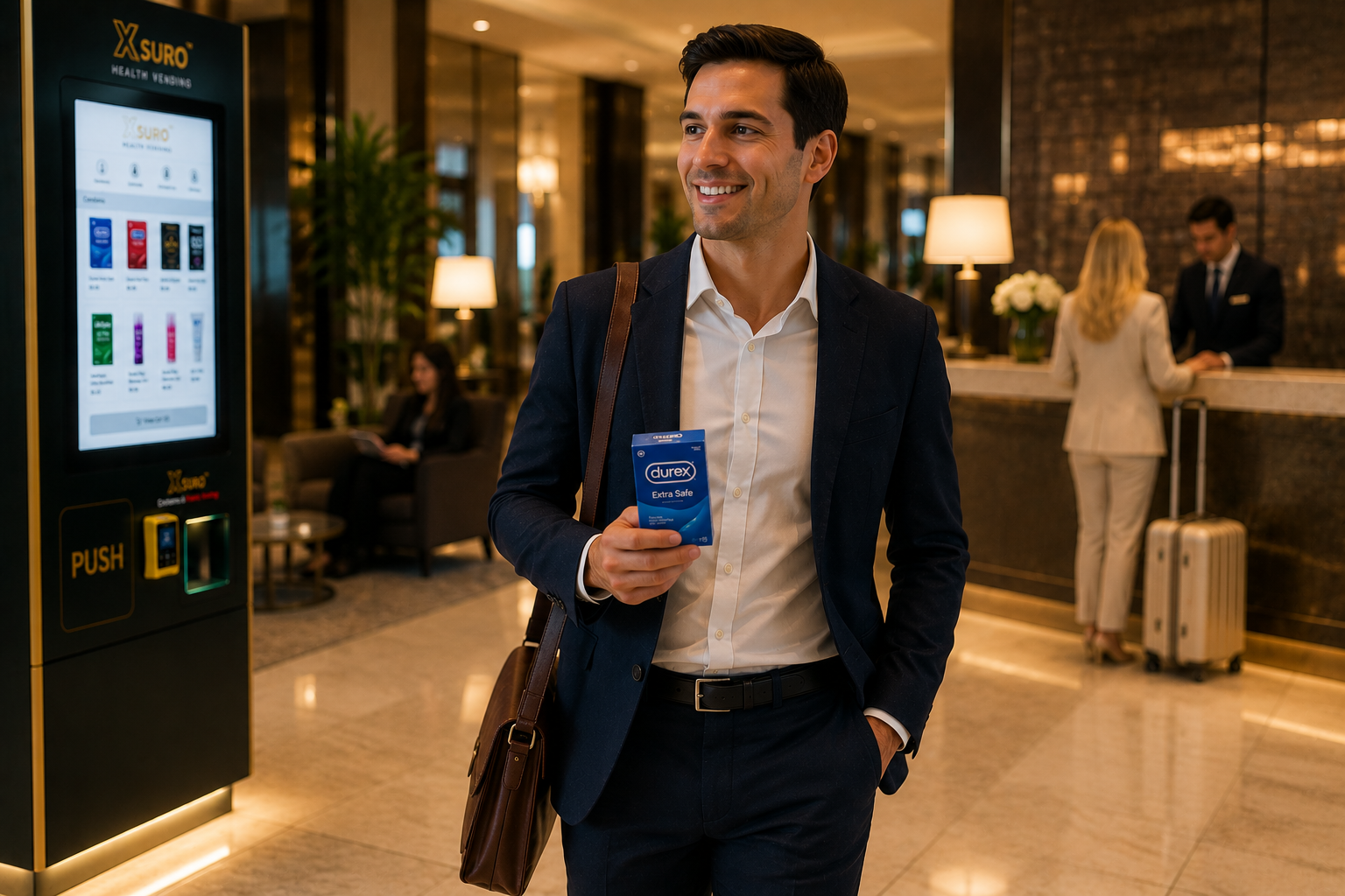 Hotel guest holding a product after using an XSURO machine