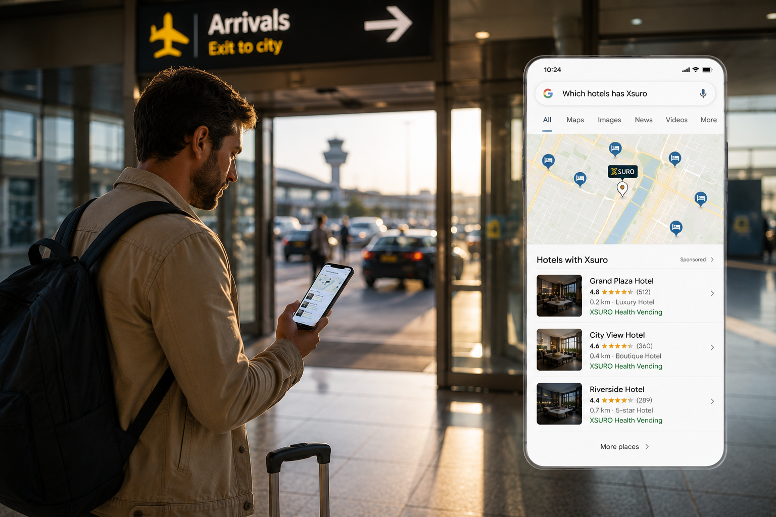 Traveler using XSURO discovery feature at an airport arrival area